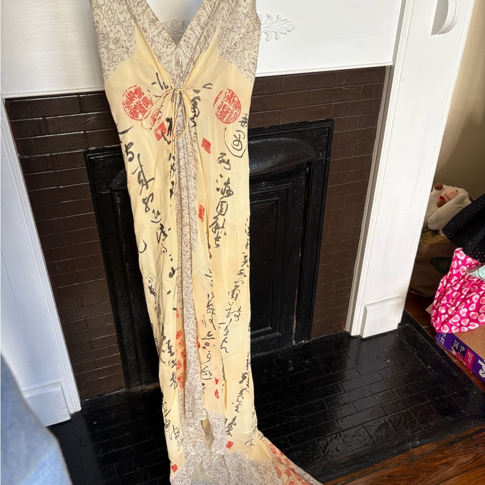 Nicole Miller Studio Beige Asian Script Maxi Dress with Red Accents